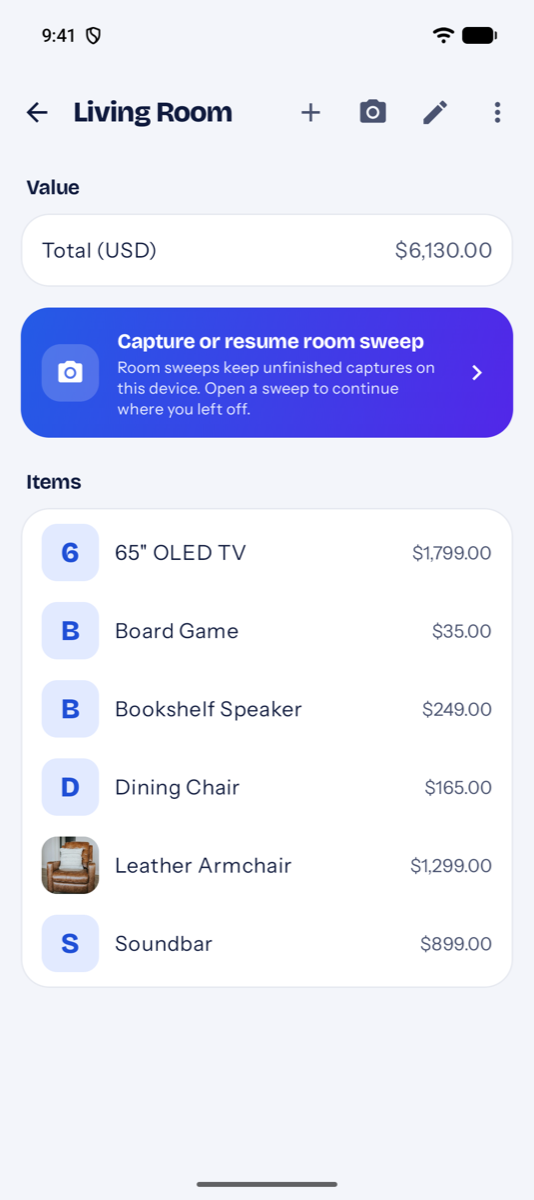 Odune on Android: a room with its items and the Room Sweep button