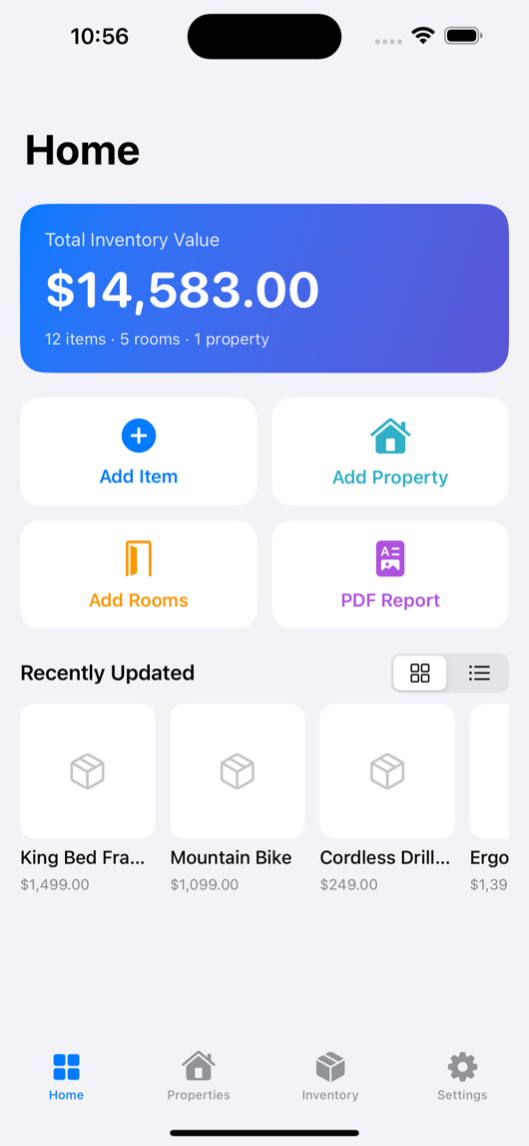 Odune home screen showing total inventory value of $14,583 across 12 items, 5 rooms, and 1 property