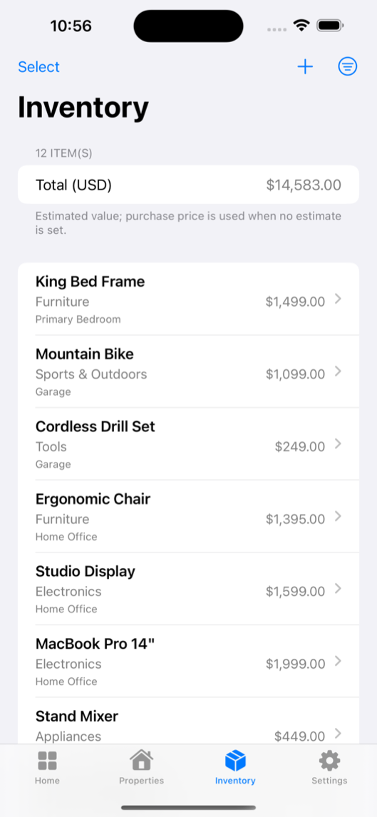 Odune inventory list with search, sorting, and item values