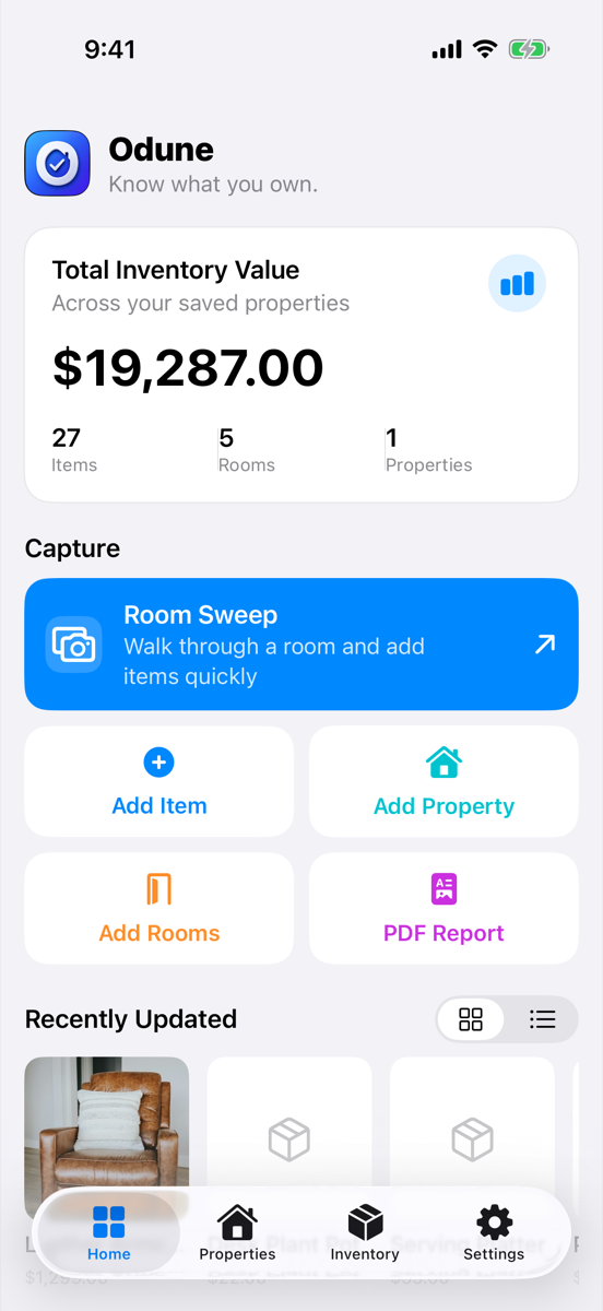 Odune on iPhone: the home screen, with the total value of the inventory