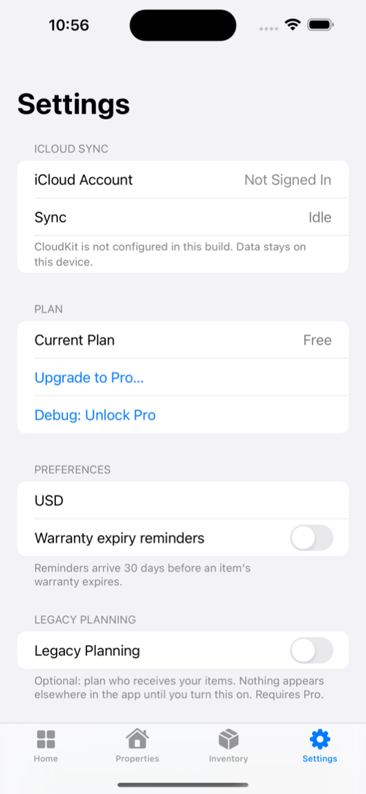 Odune settings screen with export options and the Legacy Planning toggle